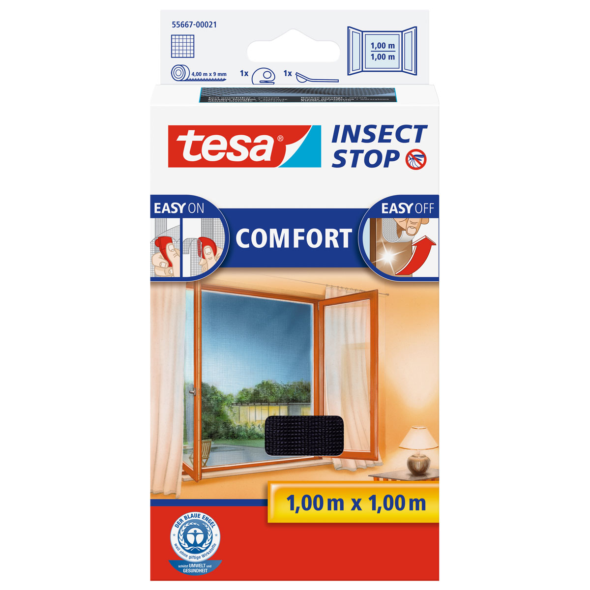 Tesa Fliegengitter Comfort 100 x 100 cm anthrazit für Fenster inkl Klettband | 103822