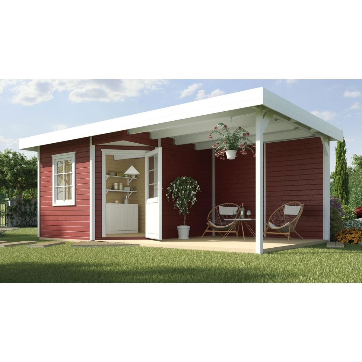 Weka Designhaus 213 B mit Anbau 300 cm 5-Eck 586 x 278 x 237 cm rot | 586x278x237 | rot | 208082