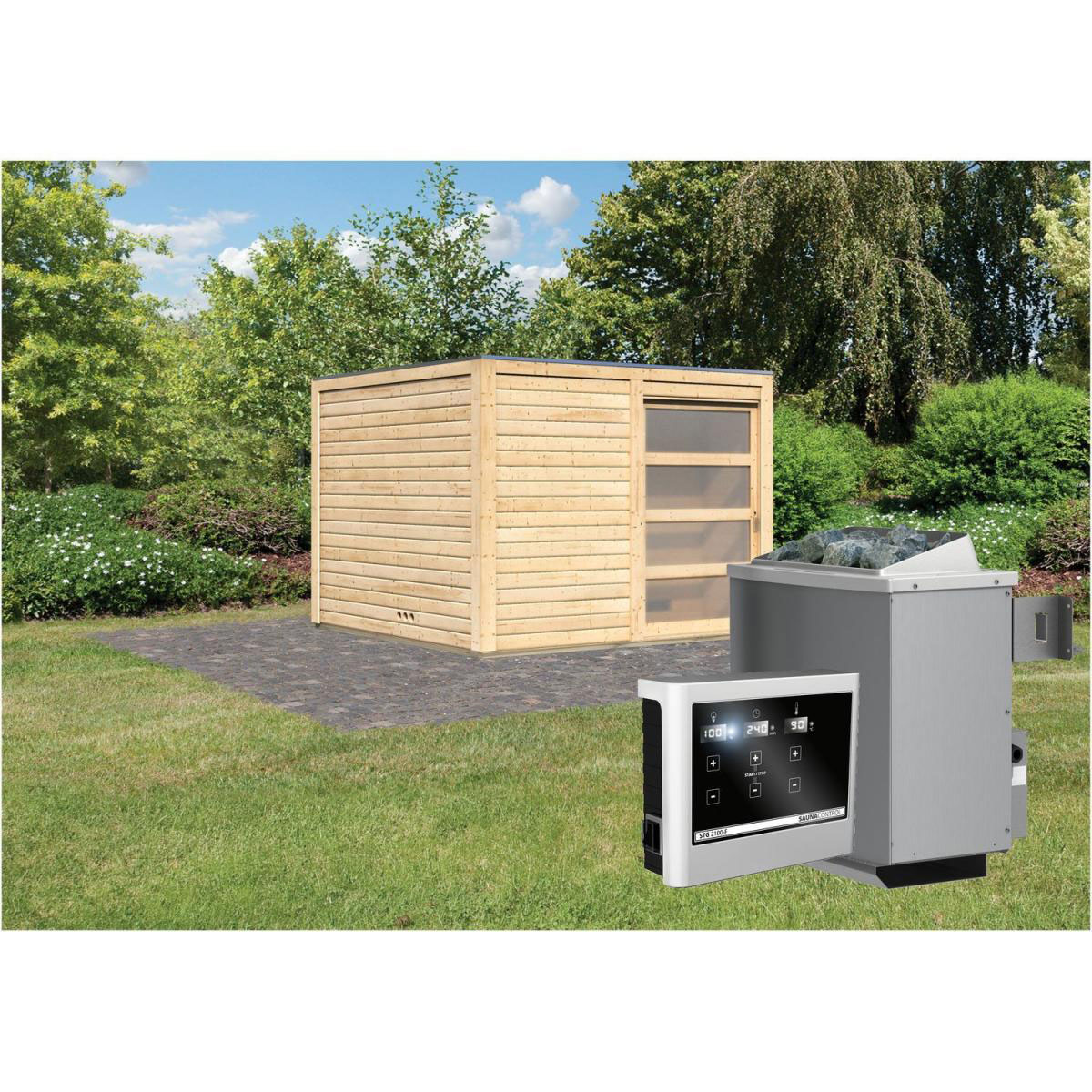 Karibu Saunahaus Cuben 38 mm Ofen 9kW externe St ohne Dachkranz | braun | 9 KW externe Steuerung | 210805