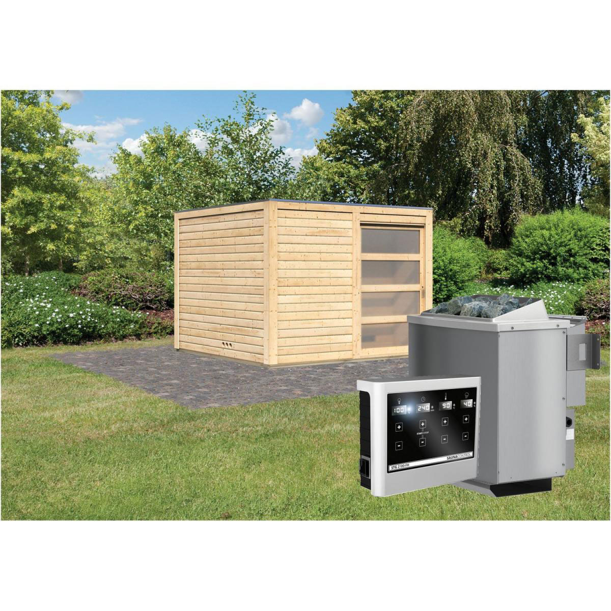 Karibu Saunahaus Cuben 38 mm Ofen 9kW Bio extern ohne Dachkranz | braun | 9 KW - Bio externe Steuerung | 210806