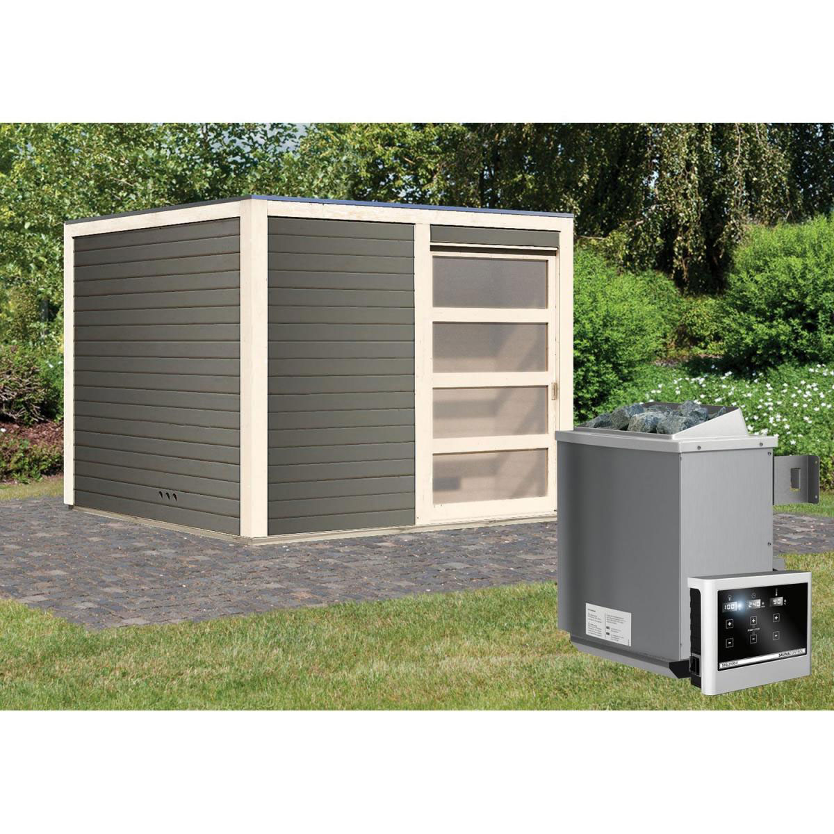 Karibu Saunahaus Cuben 38 mm Ofen 9kW externe St | grau | 9 KW externe Steuerung | 210809
