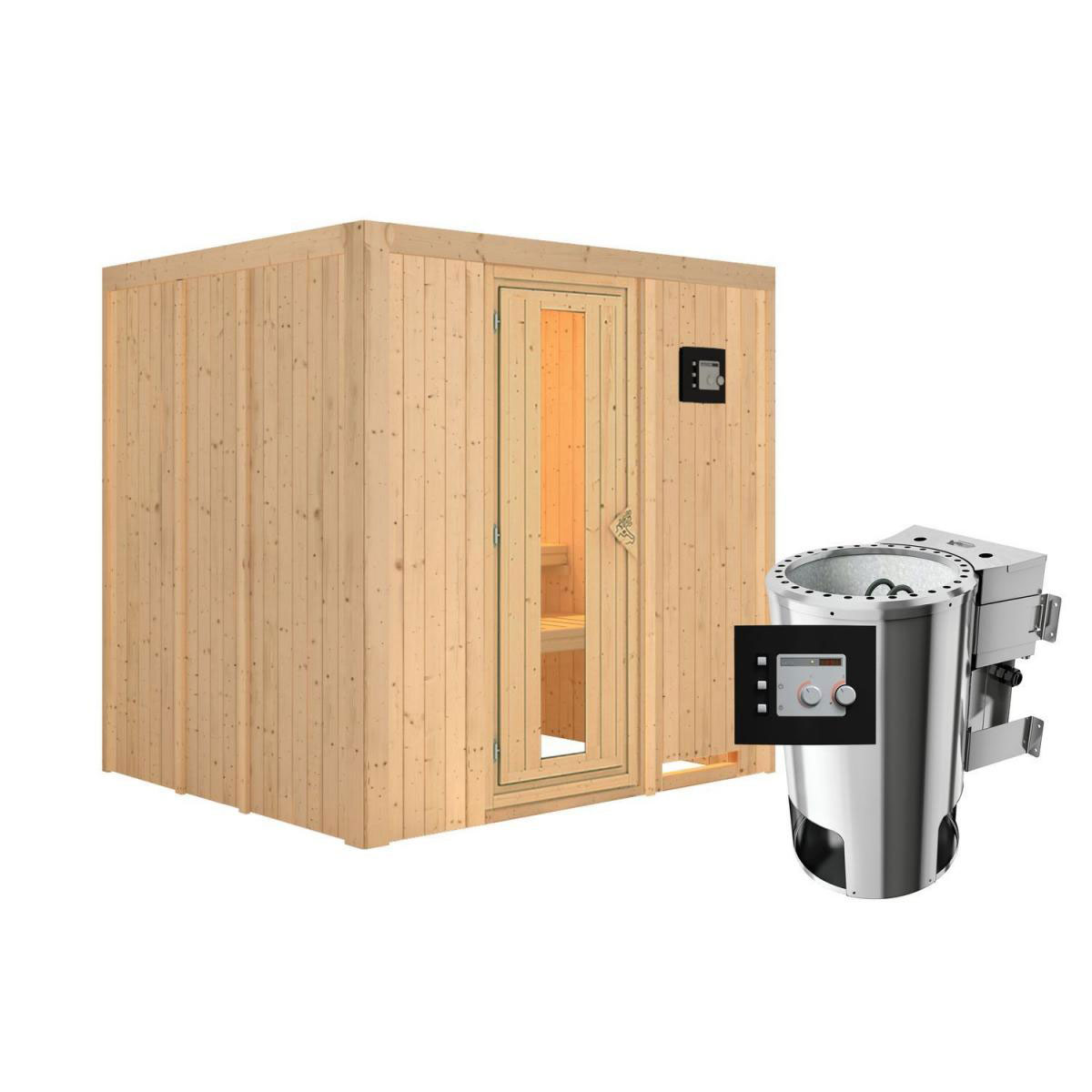 Karibu Sauna Daria Fronteinstieg 3,6 kW Bio Ofen externe Strg modern kein Kranz Energiespartür | Nein | Plug & Play 3,6 kW - Bio externe Steuerung modern | Energiespartür | Nein | 222480