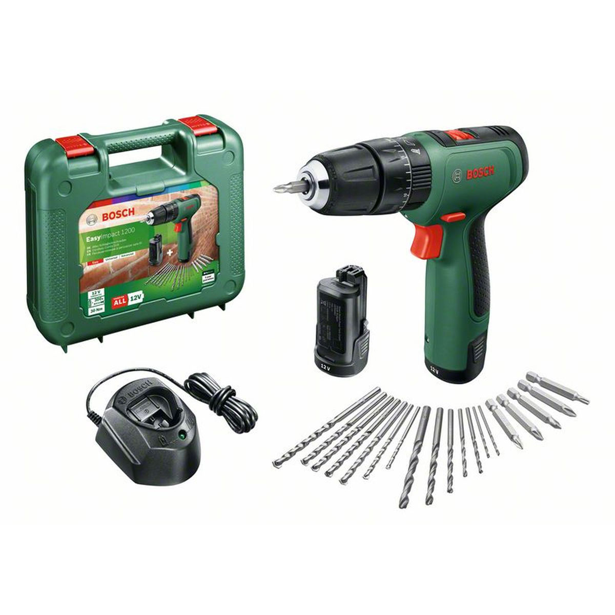Bosch   Akku-Schlagbohrschrauber-Set EasyImpact 1200 2 Akkus 5-teilig | 2x Akku, 1x Schrauberbit-& Bohrer-Set, 1x Ladegerät | 247427
