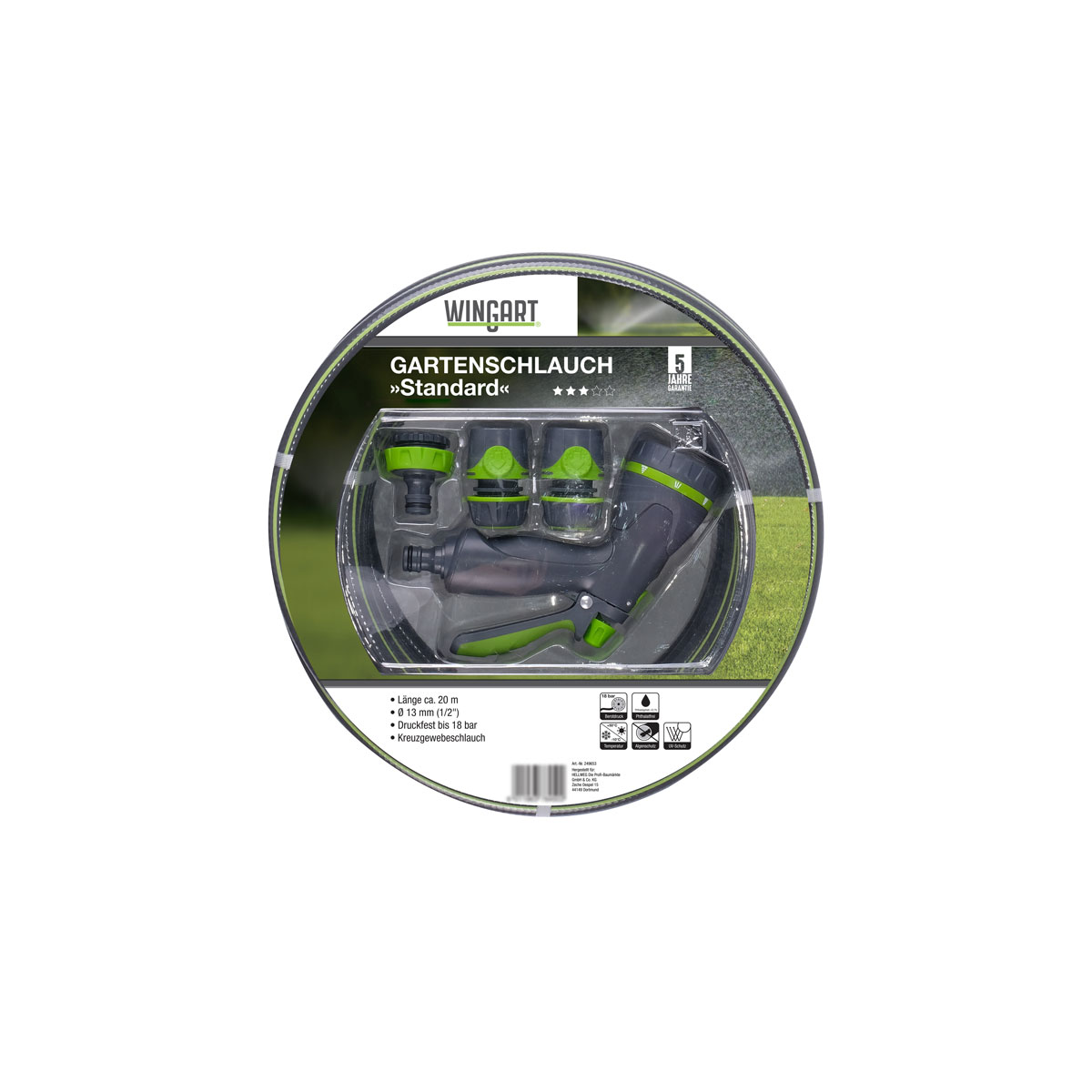 Wingart  Gartenschlauch Standard grau mit grünen Streifen 1/2" 20 m mit Anschlüssen | 249653