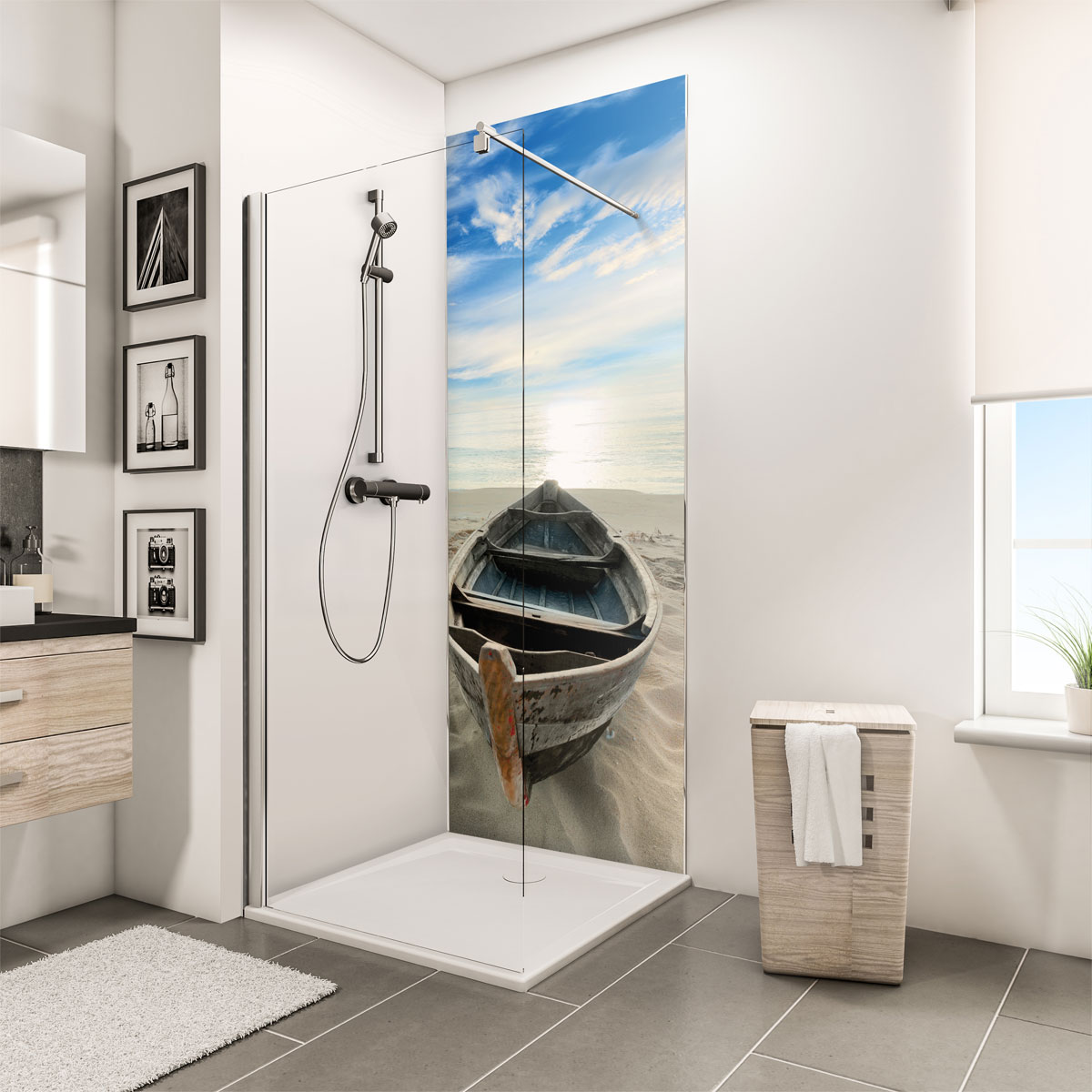 Schulte ExpressPlus Duschrueckwand DecoDesign Foto Ruderboot am Strand 2100 x 900 | 255797