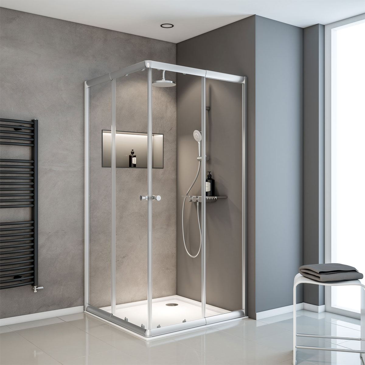 Schulte Eckdusche mit Schiebetür Sunny 75-90 x 180 x 75-90 cm ESG silberfarben Klar hell 50 | silberfarben | Sicherheitsglas (ESG), „Klar hell“ (50) | chromfarben | 505277