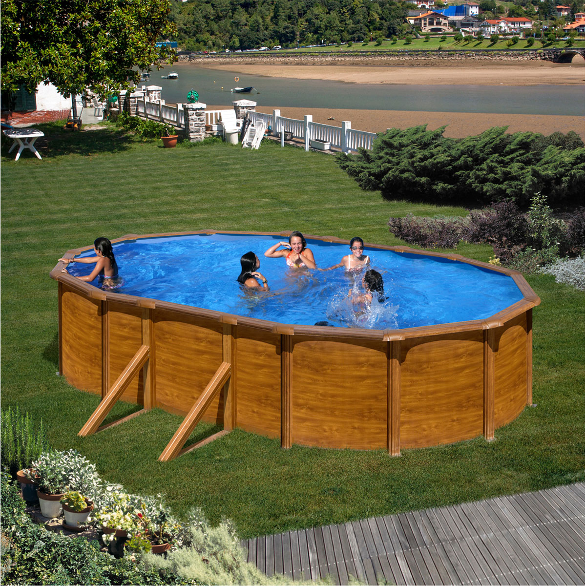 Ovalformbecken-Set holzfarben 610 x 375 x 132 cm mit Stützen | 892551