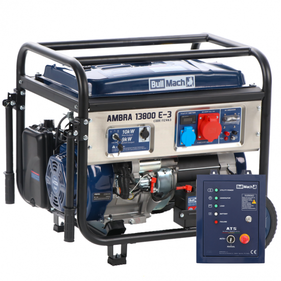 BullMach AMBRA 13800 E-3 - Benzin-Stromerzeuger auf Ru00e4dern mit AVR Max. Leistung 10 kW - 9 kW PRP - 400V + ATS