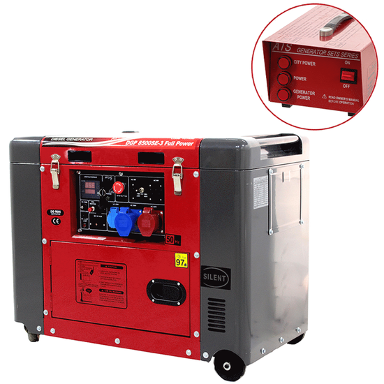GeoTech Pro DGP8500SE-3 - Leiser Diesel-Stromerzeuger mit Ru00e4dern mit AVR-Regelung 6 kW - Dauerleistung 5.5 kW Full-Power + ATS 400V