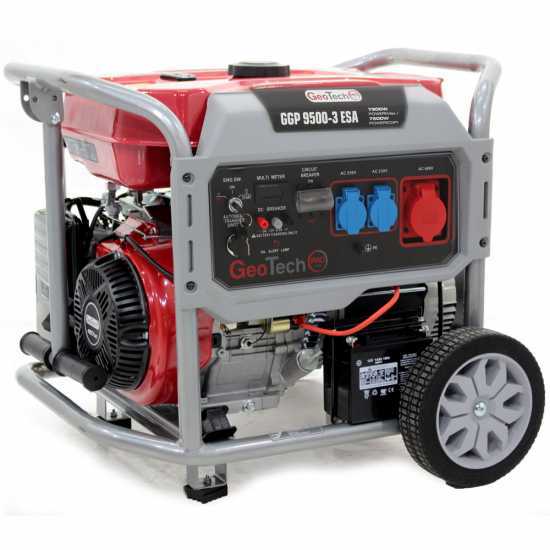 GeoTech Pro GGP 9500-3 ESA - Benzin-Stromerzeuger mit Ru00e4dern und AVR-Regelung und Elektrostarter 7.8 kW - Dauerleistung 7.5 kW Full-Power