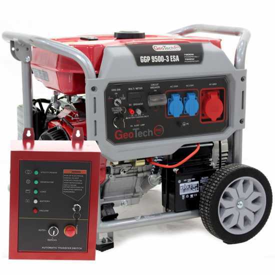 GeoTech Pro GGP 9500-3 ESA - Benzin-Stromerzeuger mit Ru00e4dern und AVR-Regelung und Elektrostarter 7.8 kW - Dauerleistung 7.5 kW Full-Power + ATS