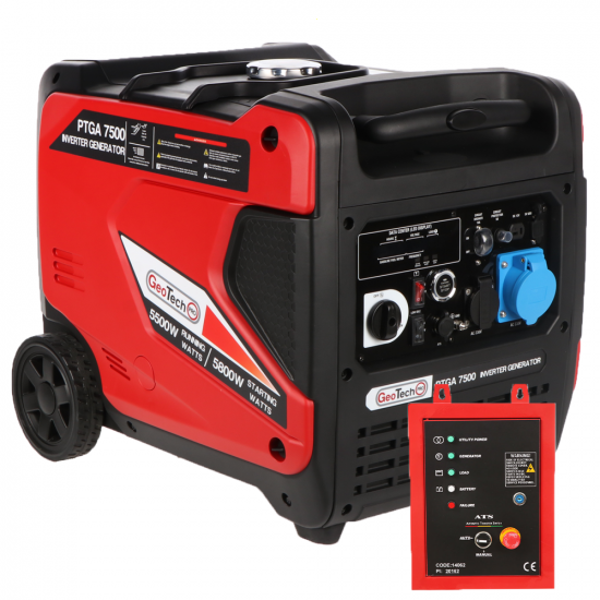 GeoTech-Pro PTGA 7500 - Leiser Inverter-Stromerzeuger mit Ru00e4dern 5,8 kw - Dauerleistung 5,5 kw - 230V + ATS