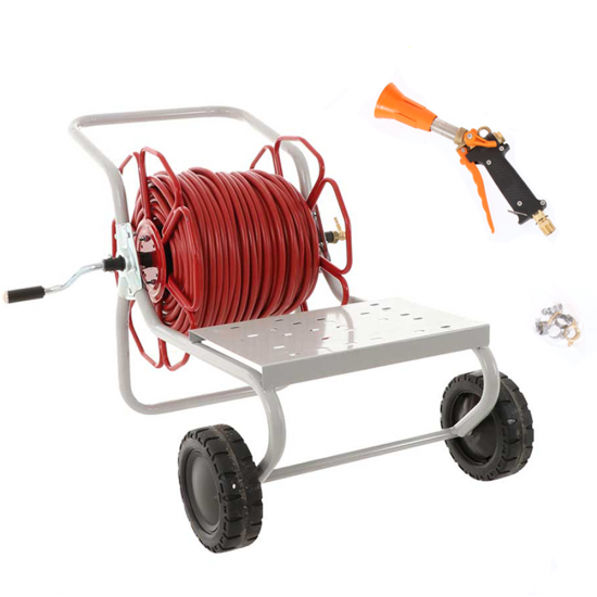 Schlauchhaspel mit blumenfu00f6rmigem Rand mit Wagen - 100 m Schlauch - 40 bar - Profi-Schlauchpistole